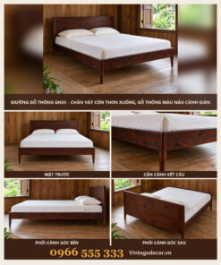 Giường Gỗ Thông GN35 - Chân Vát Côn Thon Xuống, Gỗ Thông Màu Nâu Cánh Gián