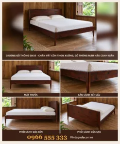 Giường Gỗ Thông GN35 - Chân Vát Côn Thon Xuống, Gỗ Thông Màu Nâu Cánh Gián