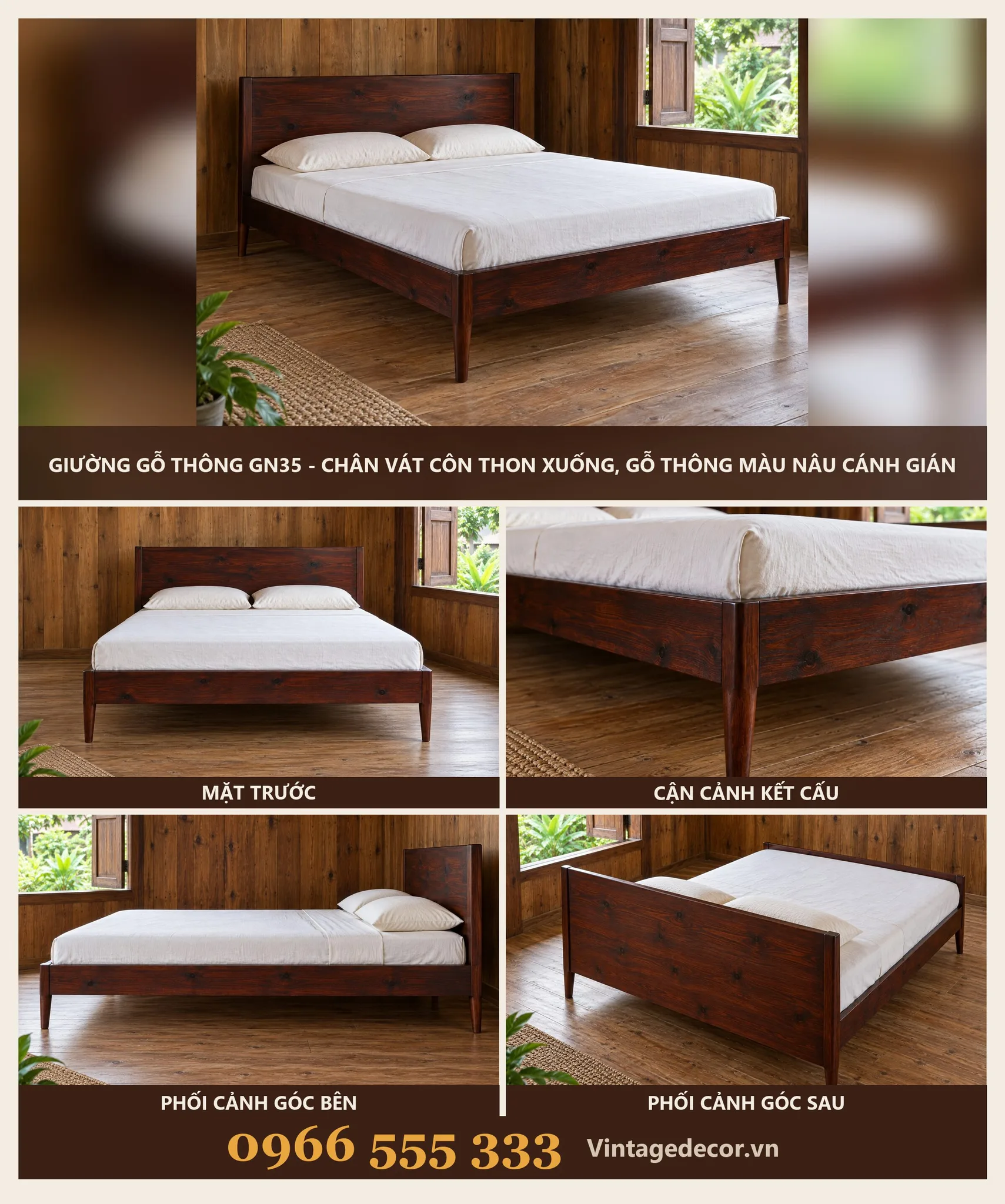 Giường Gỗ GN35 Chân Vát Côn Thon Xuống