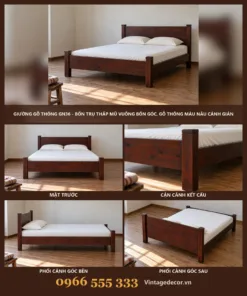 Giường Gỗ Thông GN36 - Bốn Trụ Thấp Mũ Vuông Bốn Góc, Gỗ Thông Màu Nâu Cánh Gián