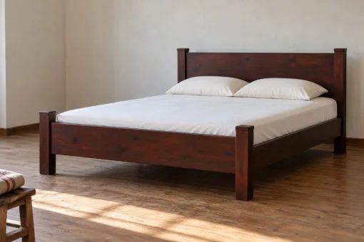 Giường Gỗ Thông GN36 - Bốn Trụ Thấp Mũ Vuông Bốn Góc, Gỗ Thông Màu Nâu Cánh Gián