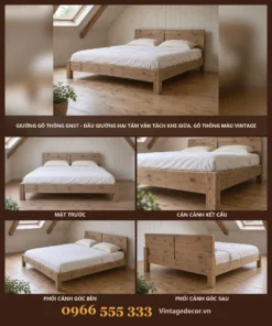 Giường Gỗ Thông GN37 - Đầu Giường Hai Tấm Ván Tách Khe Giữa, Gỗ Thông Màu Vintage