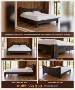 Giường Gỗ Thông GN38 - Đầu Giường Đỉnh Lõm Cong Vào Giữa, Gỗ Thông Màu Gỗ Cháy