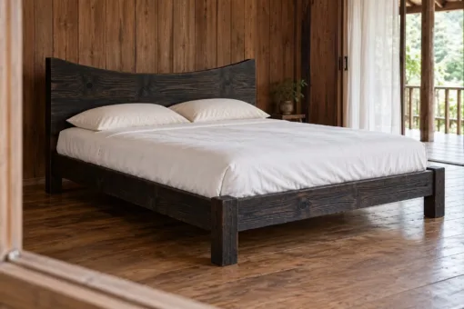 Giường Gỗ Thông GN38 - Đầu Giường Đỉnh Lõm Cong Vào Giữa, Gỗ Thông Màu Gỗ Cháy