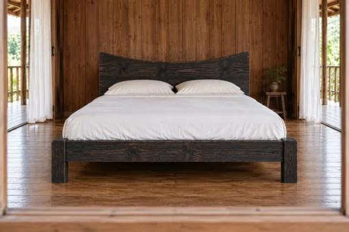 Giường Gỗ Thông GN38 - Đầu Giường Đỉnh Lõm Cong Vào Giữa, Gỗ Thông Màu Gỗ Cháy