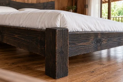 Giường Gỗ Thông GN38 - Đầu Giường Đỉnh Lõm Cong Vào Giữa, Gỗ Thông Màu Gỗ Cháy