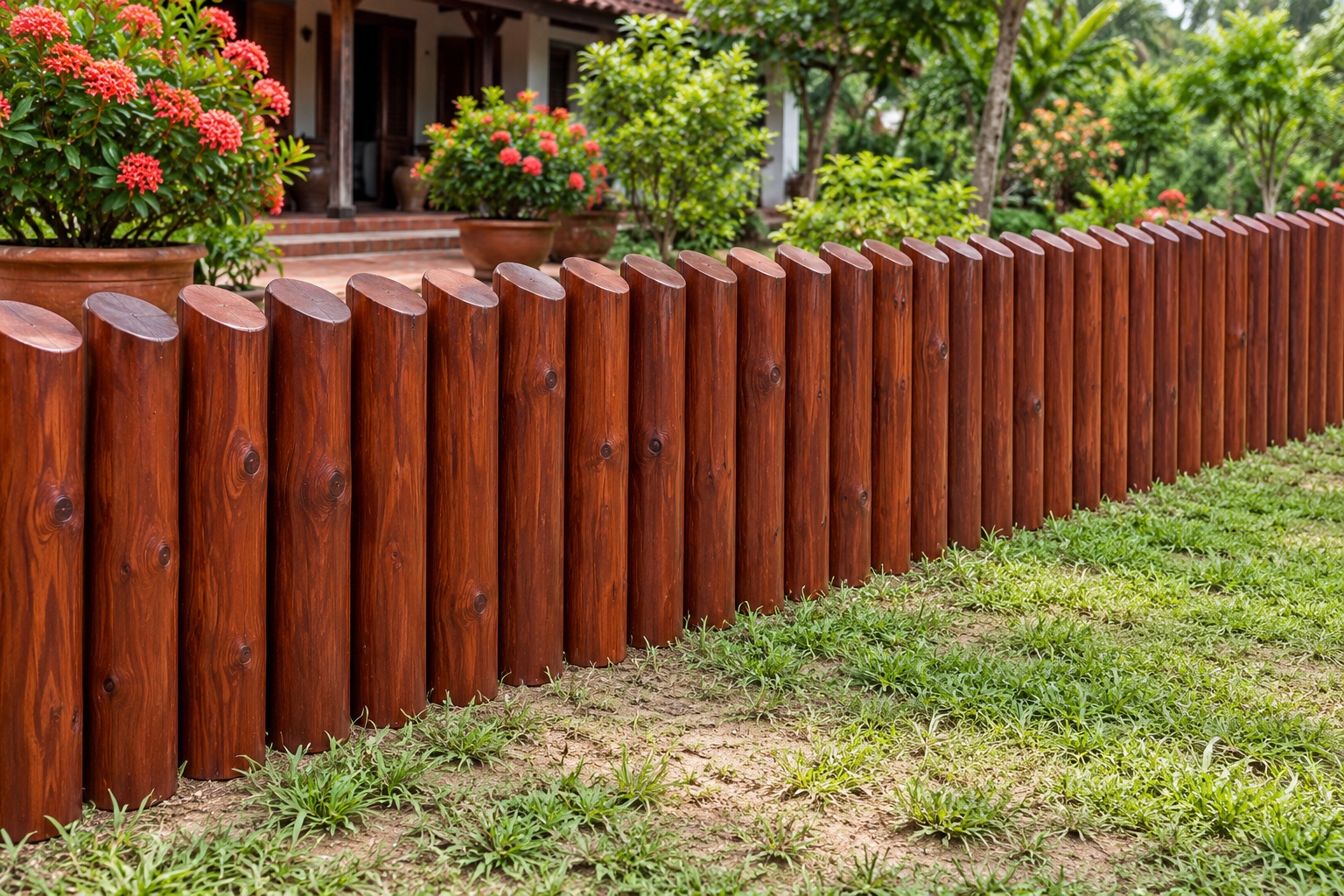 Hàng Rào Gỗ Sân Vườn HR11 - Cọc Tròn Đóng Sát Đầu Vát Chéo, Gỗ Thông Hàng Rào Gỗ Sân Vườn HR11 - Cọc Tròn Đóng Sát Đầu Vát Chéo, Gỗ Thông