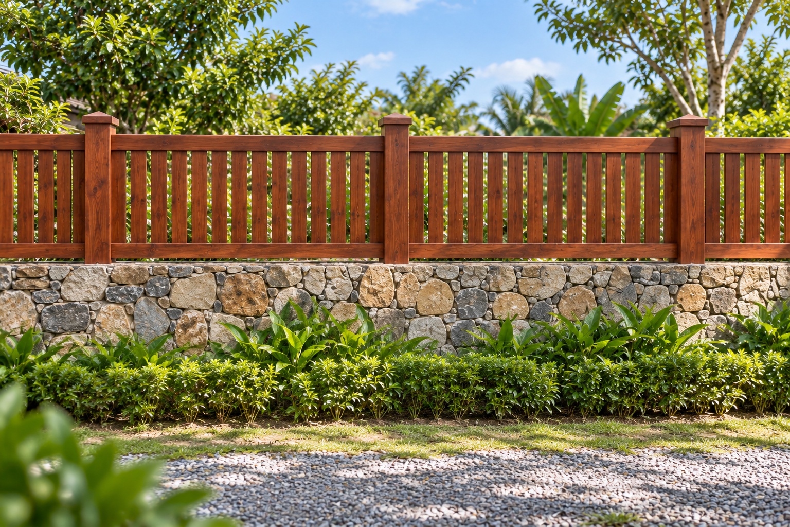 Hàng Rào Gỗ Sân Vườn HR15 - Nan Gỗ Trên Tường Đá Thấp, Gỗ Thông Hàng Rào Gỗ Sân Vườn HR15 - Nan Gỗ Trên Tường Đá Thấp, Gỗ Thông