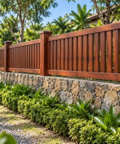 Hàng Rào Gỗ Sân Vườn HR15 - Nan Gỗ Trên Tường Đá Thấp, Gỗ Thông