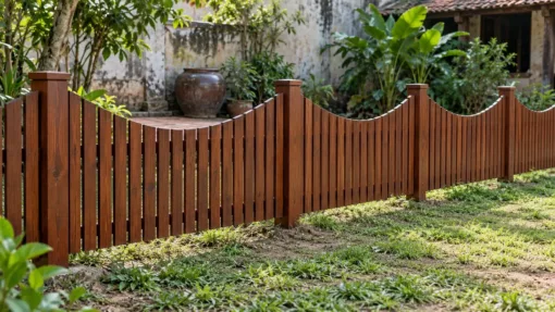 Hàng Rào Gỗ Sân Vườn HR16 - Nan Đứng Đỉnh Lượn Võng Giữa Hai Cột, Gỗ Thông Hàng rào gỗ HR16 nâu đỏ trước sân nhà cổ có chum sành, đỉnh võng giữa mỗi nhịp