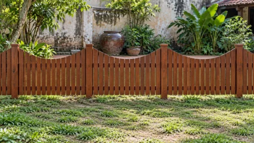 Hàng Rào Gỗ Sân Vườn HR16 - Nan Đứng Đỉnh Lượn Võng Giữa Hai Cột, Gỗ Thông Hàng rào gỗ HR16 nhìn thẳng – chuỗi sóng lõm nối nhau dọc rào