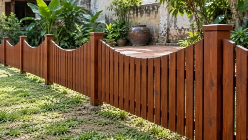 Hàng Rào Gỗ Sân Vườn HR16 - Nan Đứng Đỉnh Lượn Võng Giữa Hai Cột, Gỗ Thông Hàng rào gỗ HR16 – nhìn chéo dọc rào