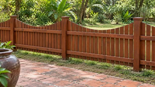Hàng Rào Gỗ Sân Vườn HR16 - Nan Đứng Đỉnh Lượn Võng Giữa Hai Cột, Gỗ Thông Hàng rào gỗ HR16 – mặt sau phía sân gạch, hai thanh ngang giữ nan