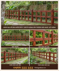 Hàng rào gỗ HR18 lưới ô vuông kiểu Nhật – ảnh ghép mặt trước, kết cấu, góc bên, góc sau