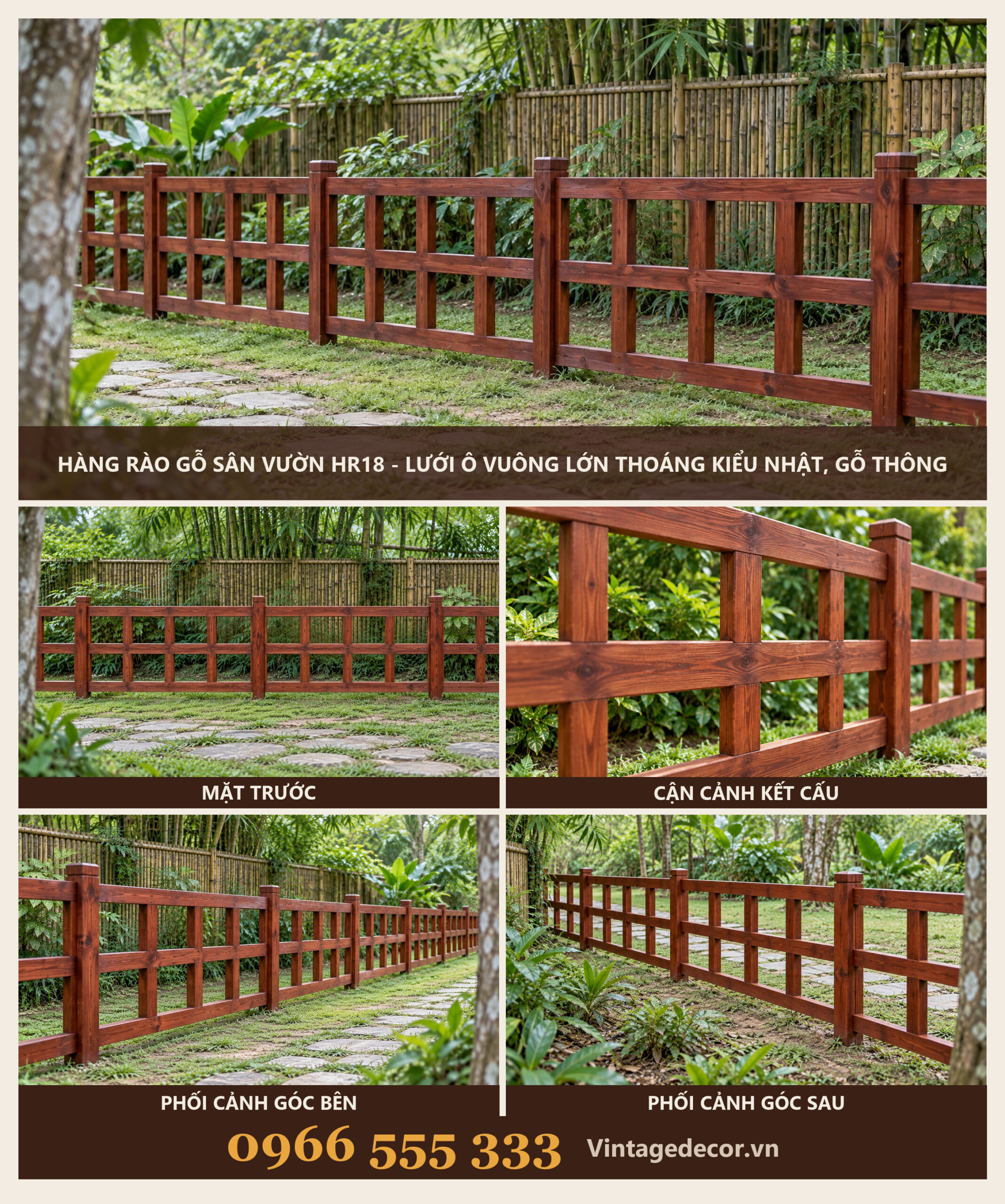 Hàng Rào Gỗ Sân Vườn HR18 - Lưới Ô Vuông Lớn Thoáng Kiểu Nhật, Gỗ Thông Hàng Rào Gỗ Sân Vườn HR18 - Lưới Ô Vuông Lớn Thoáng Kiểu Nhật, Gỗ Thông