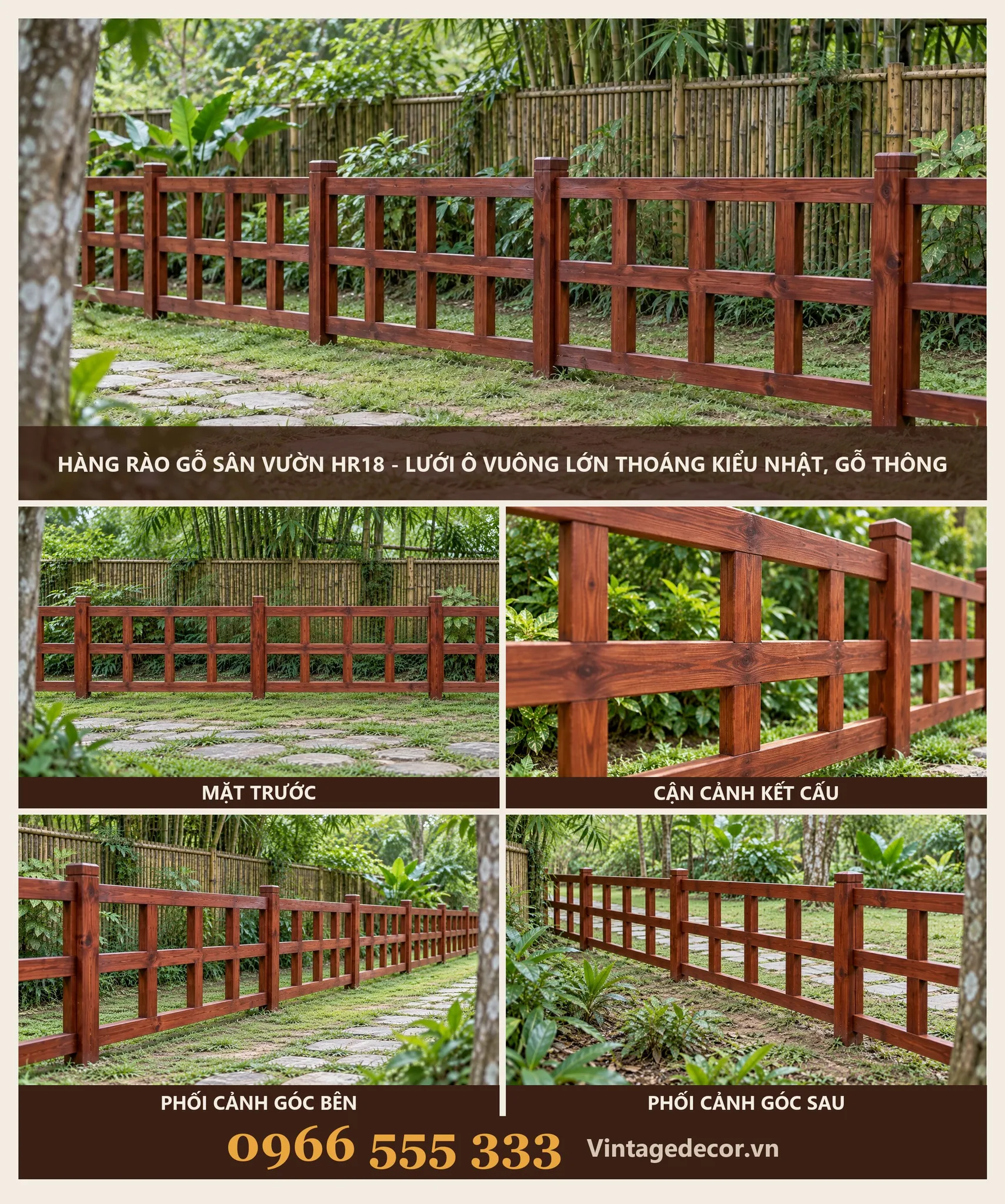 Hàng rào gỗ kiểu Nhật ô vuông lớn, thoáng, chạy dọc lối đá