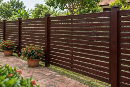 Hàng rào gỗ HR22 nâu cánh gián quanh sân gạch, chậu hoa đỏ dọc chân rào