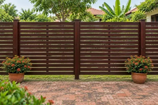 Hàng rào gỗ HR22 nhìn thẳng – nan ngang bản hẹp, khe sáng đều