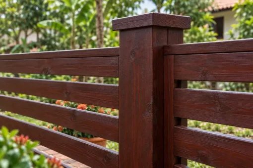 Hàng rào gỗ HR22 – cận cảnh trụ mũ vuông có gờ, nan chạy qua mặt trụ