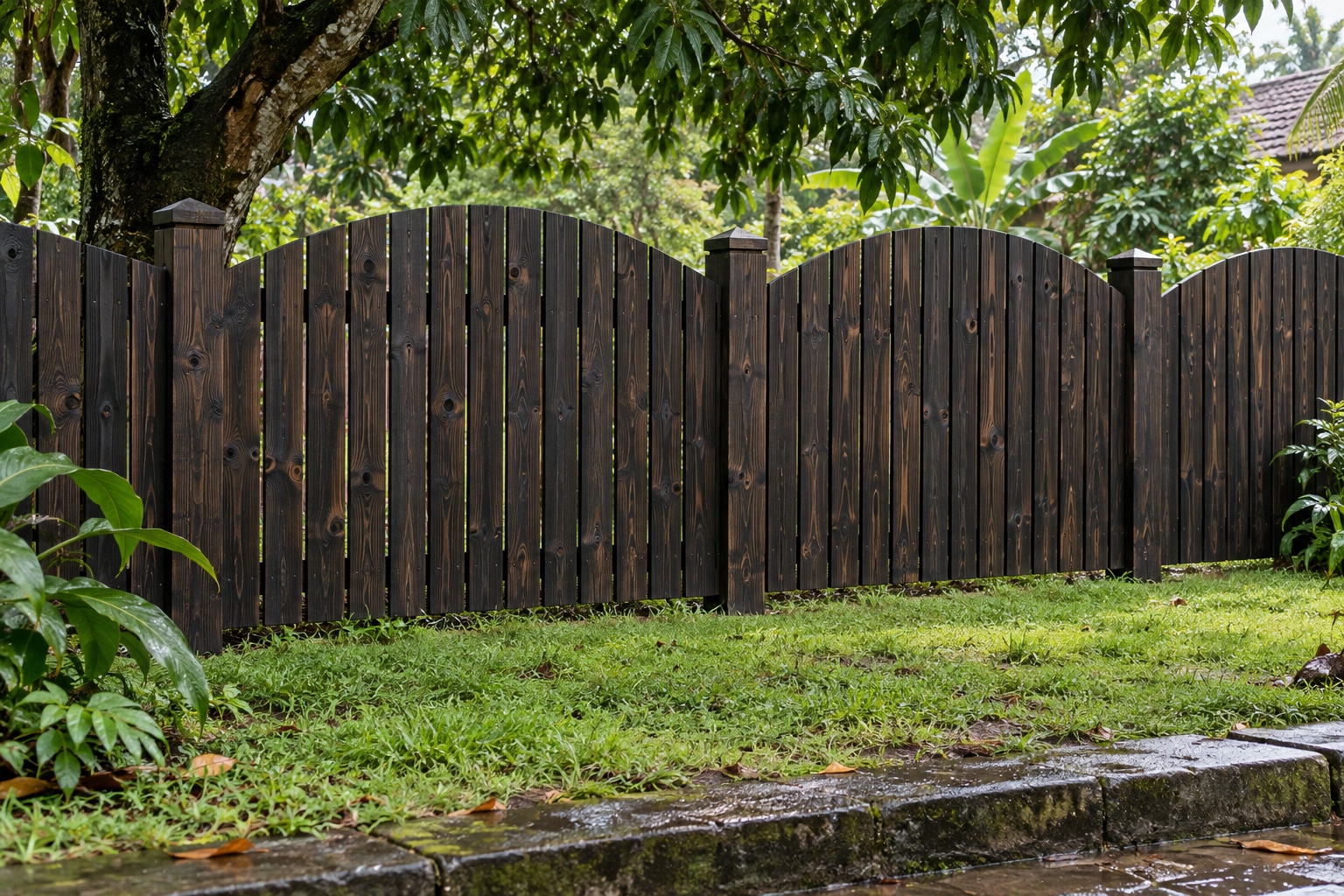 Hàng Rào Gỗ Sân Vườn HR24 - Ván Đứng Đỉnh Vồng Lên Giữa Nhịp, Gỗ Thông Màu Gỗ Cháy Hàng Rào Gỗ Sân Vườn HR24 - Ván Đứng Đỉnh Vồng Lên Giữa Nhịp, Gỗ Thông Màu Gỗ Cháy