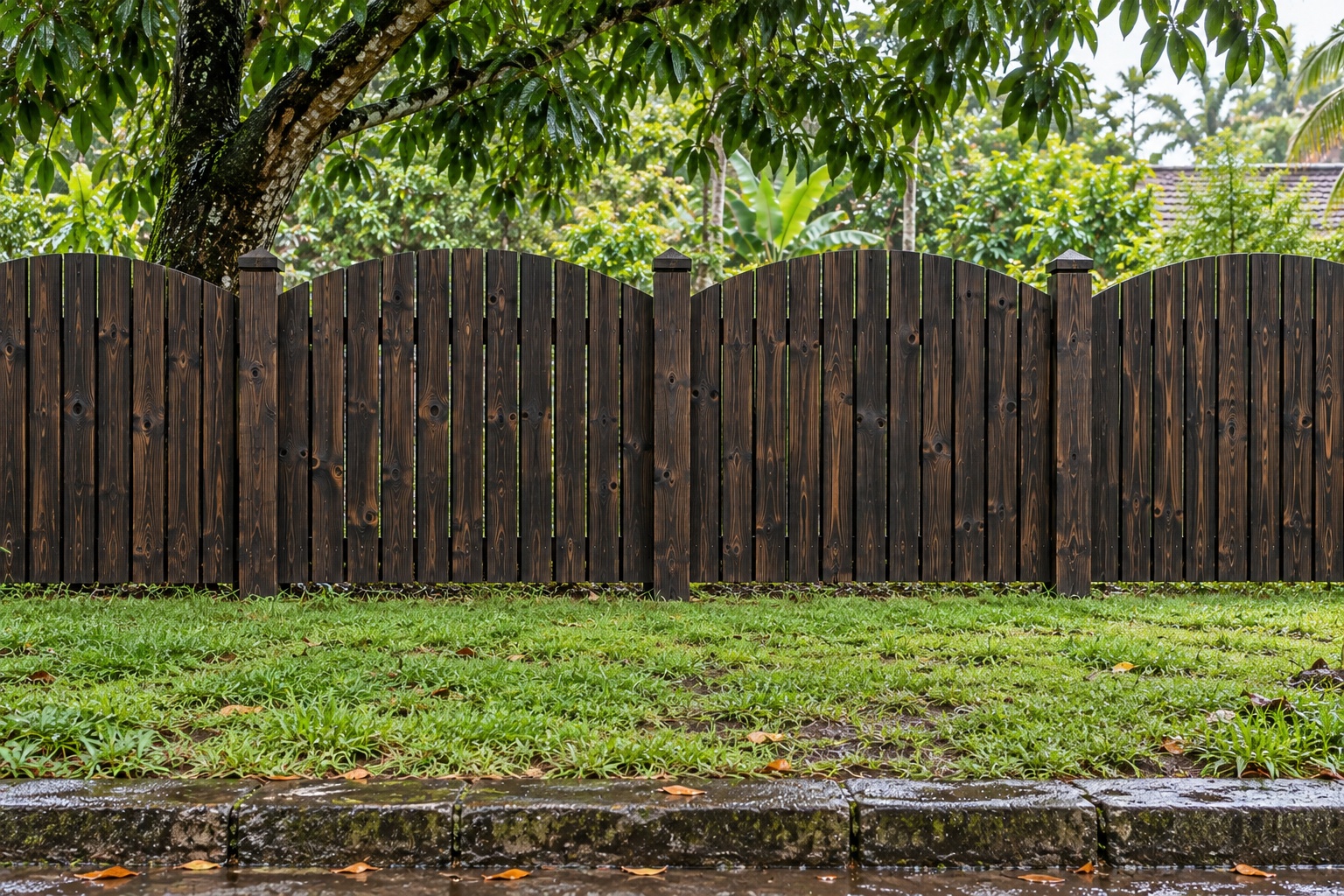 Hàng Rào Gỗ Sân Vườn HR24 - Ván Đứng Đỉnh Vồng Lên Giữa Nhịp, Gỗ Thông Màu Gỗ Cháy Hàng Rào Gỗ Sân Vườn HR24 - Ván Đứng Đỉnh Vồng Lên Giữa Nhịp, Gỗ Thông Màu Gỗ Cháy