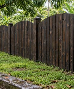Hàng Rào Gỗ Sân Vườn HR24 - Ván Đứng Đỉnh Vồng Lên Giữa Nhịp, Gỗ Thông Màu Gỗ Cháy
