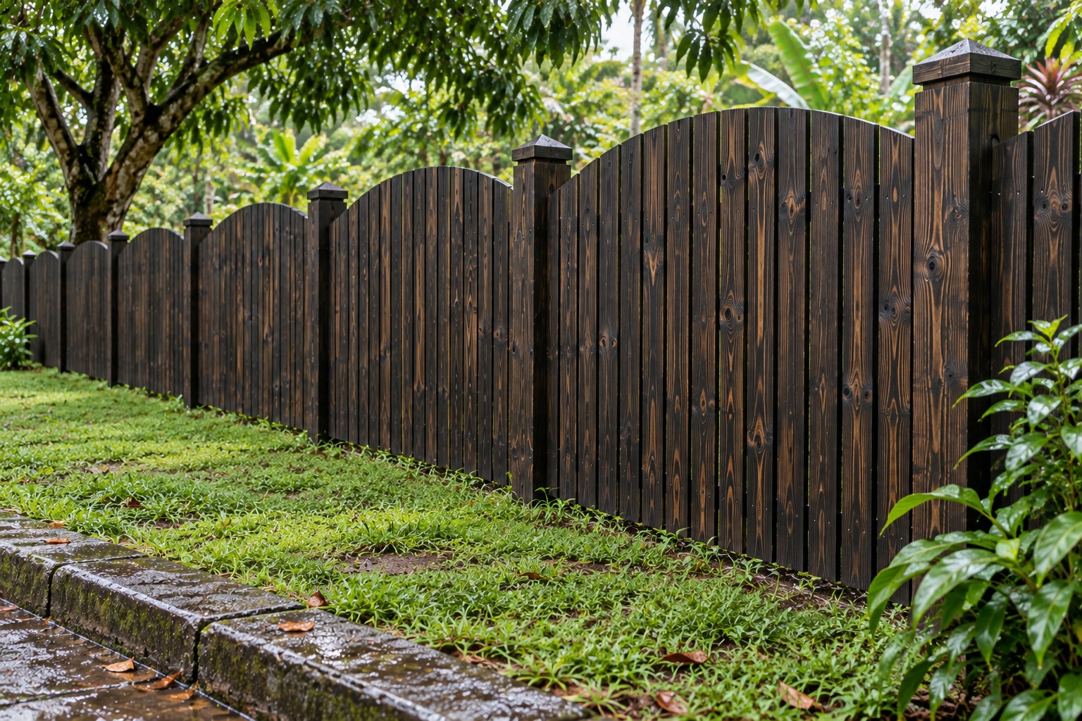 Hàng Rào Gỗ Sân Vườn HR24 - Ván Đứng Đỉnh Vồng Lên Giữa Nhịp, Gỗ Thông Màu Gỗ Cháy Hàng Rào Gỗ Sân Vườn HR24 - Ván Đứng Đỉnh Vồng Lên Giữa Nhịp, Gỗ Thông Màu Gỗ Cháy