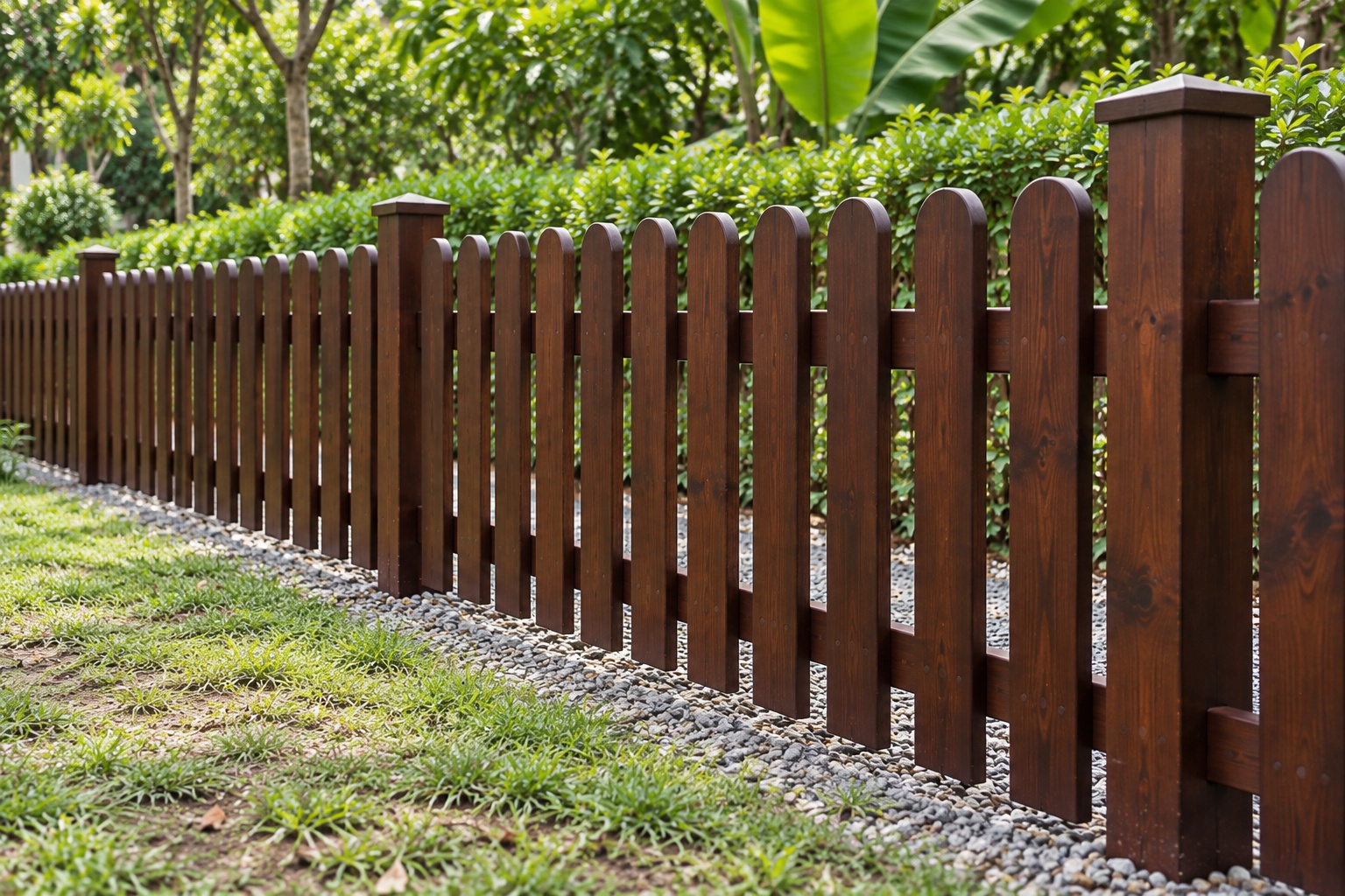 Hàng Rào Gỗ Sân Vườn HR26 - Nan Đứng Đầu Tròn Thấp Sân Trước, Gỗ Thông Màu Nâu Cánh Gián Hàng Rào Gỗ Sân Vườn HR26 - Nan Đứng Đầu Tròn Thấp Sân Trước, Gỗ Thông Màu Nâu Cánh Gián