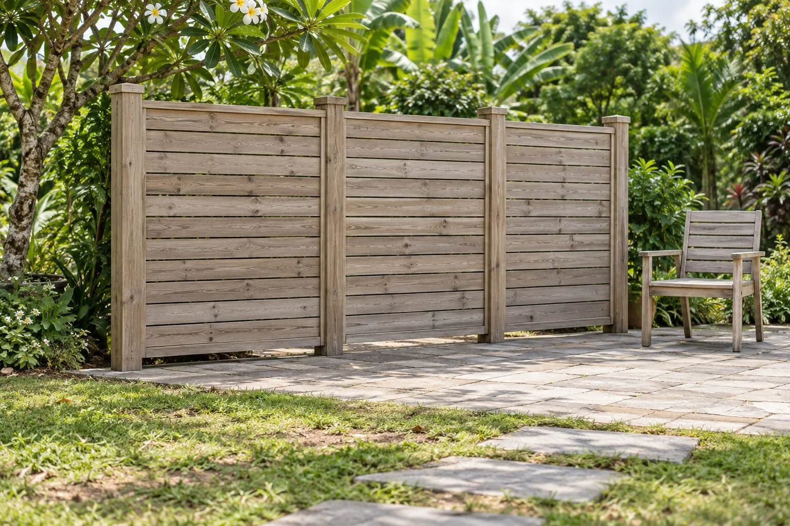 Vách rào gỗ mộc ba tấm ván ngang ghép sát giữa các trụ vuông có mũ, cạnh sân lát đá có ghế gỗ