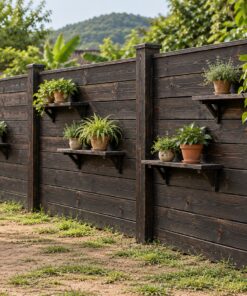 Hàng Rào Gỗ Sân Vườn HR32 - Ván Ngang Liền Kệ Đặt Chậu Cây, Gỗ Thông Màu Gỗ Cháy