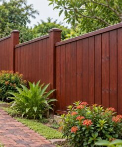 Hàng Rào Gỗ Sân Vườn HR33 - Bậc Thang Theo Dốc Đất, Gỗ Thông Màu Nâu Đỏ