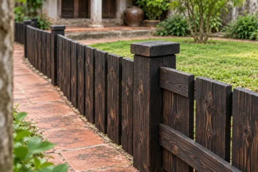 Hàng Rào Gỗ Sân Vườn HR38 - Chạy Cong Theo Mép Lối Đi, Gỗ Thông Màu Gỗ Cháy Hàng Rào Gỗ Sân Vườn HR38 - Chạy Cong Theo Mép Lối Đi, Gỗ Thông Màu Gỗ Cháy