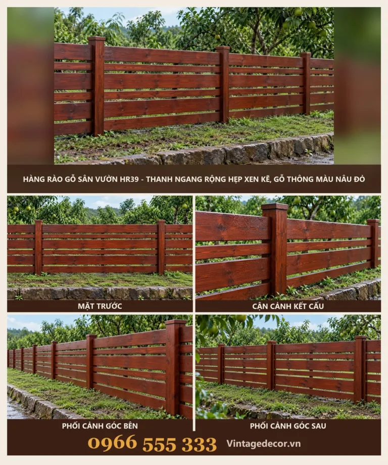 Hàng Rào Gỗ Sân Vườn HR39 – Thanh Ngang Rộng Hẹp Xen Kẽ, Gỗ Thông Màu Nâu Đỏ