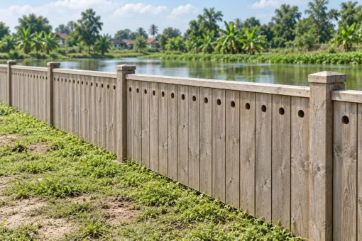 Hàng Rào Gỗ Sân Vườn HR41 - Đầu Ván Khoét Lỗ Tròn, Gỗ Thông Màu Vintage