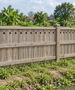 Hàng Rào Gỗ Sân Vườn HR41 - Đầu Ván Khoét Lỗ Tròn, Gỗ Thông Màu Vintage