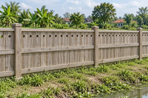 Hàng Rào Gỗ Sân Vườn HR41 - Đầu Ván Khoét Lỗ Tròn, Gỗ Thông Màu Vintage