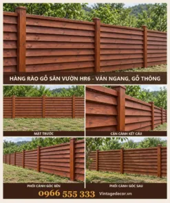 Hàng rào gỗ HR6 ván ngang chồng mí – ảnh ghép mặt trước, kết cấu, góc bên, góc sau