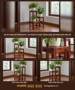 Kệ Cây Cảnh Gỗ Thông NT29 - Ba Tầng So Le Đặt Trong Nhà, Gỗ Thông Màu Nâu Đỏ