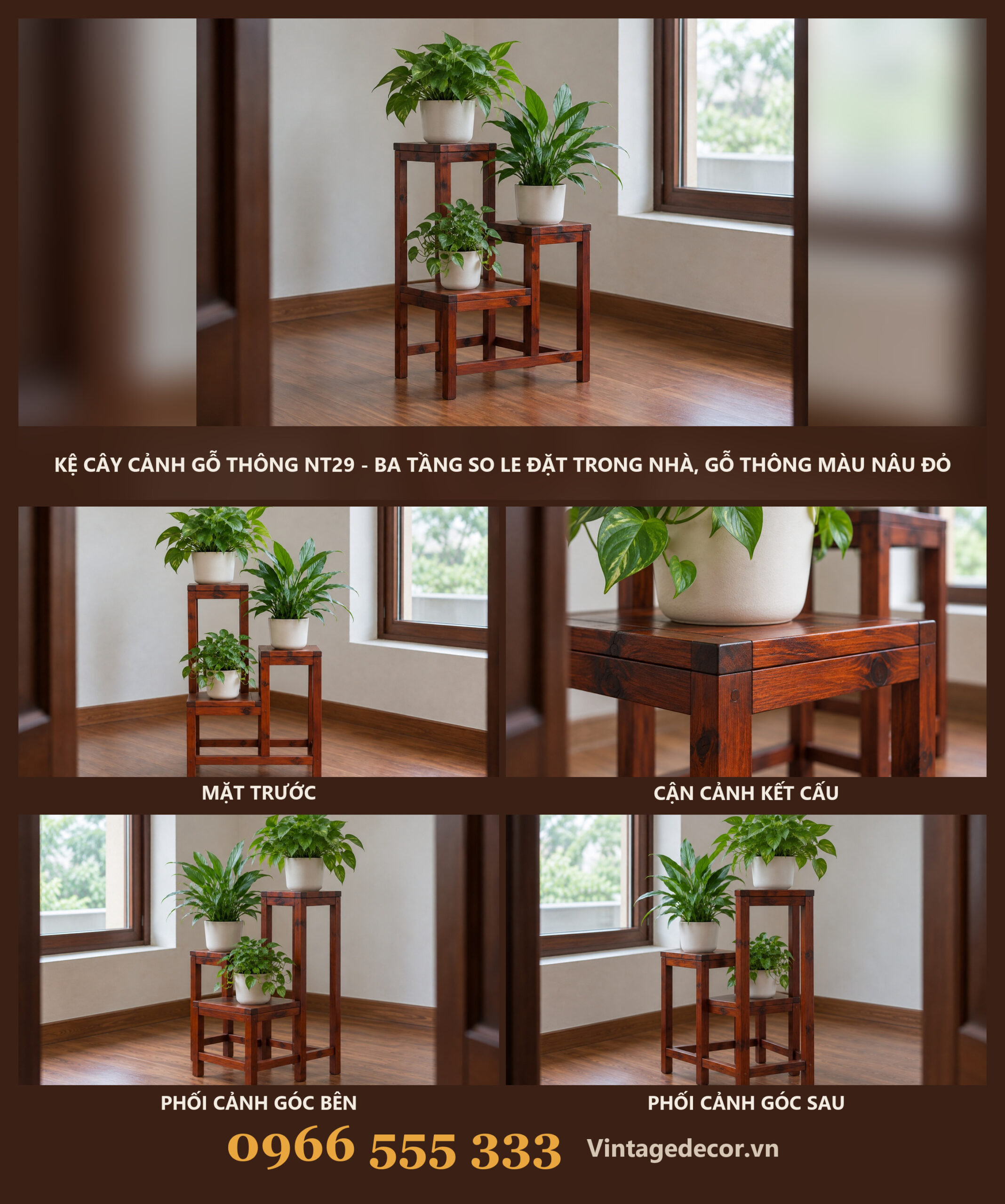 Kệ Cây Cảnh Gỗ Thông NT29 - Ba Tầng So Le Đặt Trong Nhà, Gỗ Thông Màu Nâu Đỏ Kệ Cây Cảnh Gỗ Thông NT29 - Ba Tầng So Le Đặt Trong Nhà, Gỗ Thông Màu Nâu Đỏ