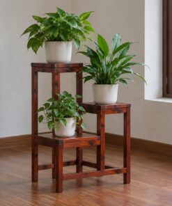 Kệ Cây Cảnh Gỗ Thông NT29 - Ba Tầng So Le Đặt Trong Nhà, Gỗ Thông Màu Nâu Đỏ