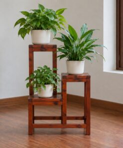 Kệ Cây Cảnh Gỗ Thông NT29 - Ba Tầng So Le Đặt Trong Nhà, Gỗ Thông Màu Nâu Đỏ