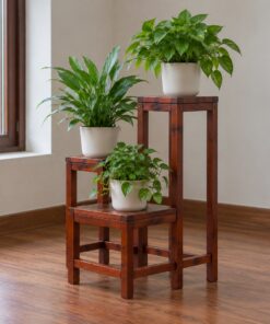 Kệ Cây Cảnh Gỗ Thông NT29 - Ba Tầng So Le Đặt Trong Nhà, Gỗ Thông Màu Nâu Đỏ