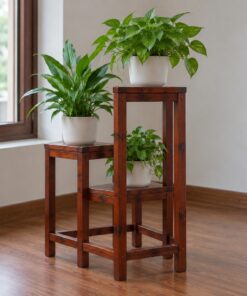 Kệ Cây Cảnh Gỗ Thông NT29 - Ba Tầng So Le Đặt Trong Nhà, Gỗ Thông Màu Nâu Đỏ