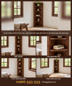 Kệ Góc Trang Trí Gỗ Thông NT26 - Năm Tầng Mặt Cong Một Phần Tư, Gỗ Thông Màu Nâu Cánh Gián