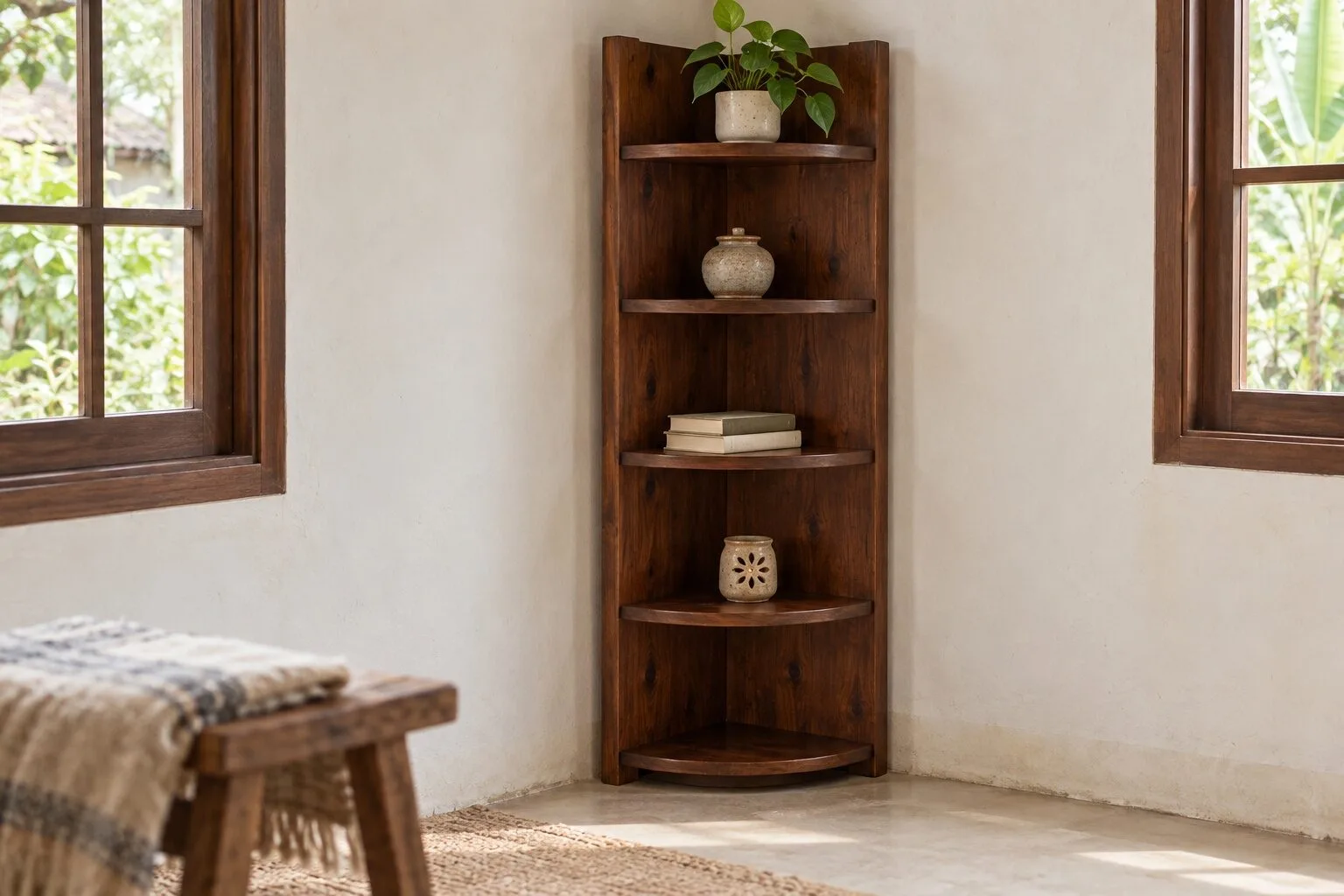 Kệ góc NT26 gỗ nâu cánh gián năm đợt cong đặt trong góc tường trắng giữa hai cửa sổ, bày chậu cây, hũ gốm và sách