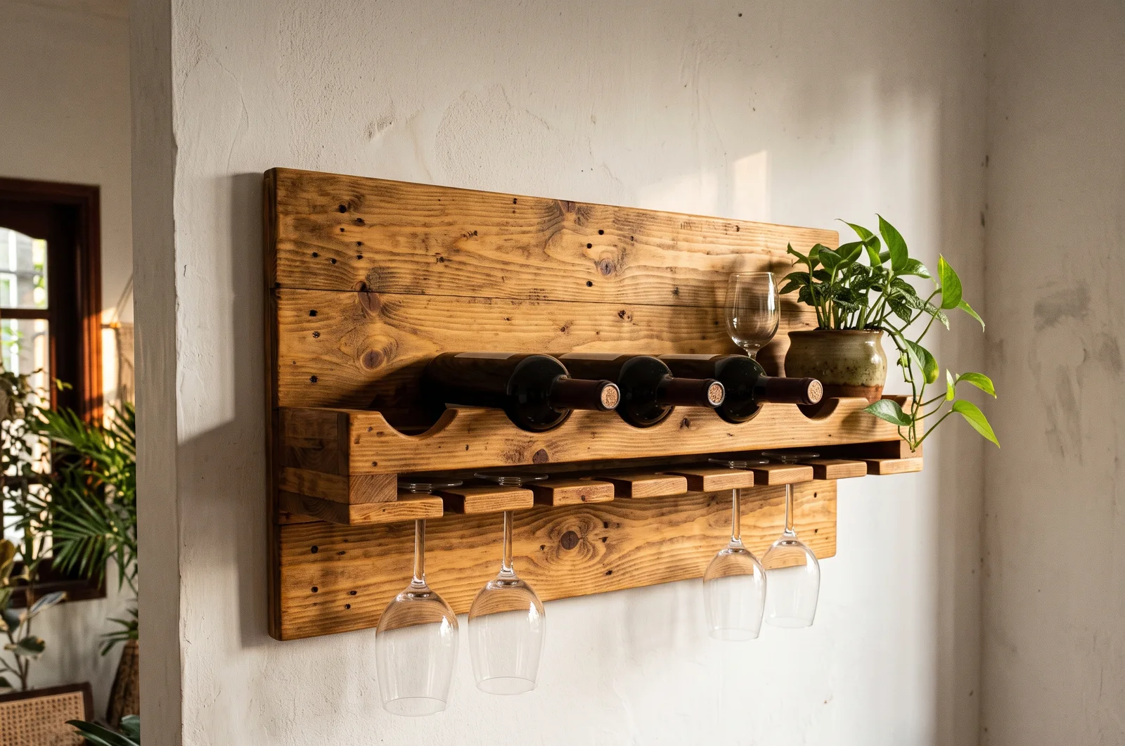 Kệ rượu treo tường đóng từ ván gỗ thông pallet đã chà nhám phủ dầu, chai nằm phía trên, ly treo ngược bên dưới
