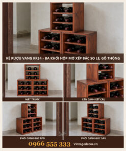 Kệ Rượu Vang KR34 - Ba Khối Hộp Mở Xếp Bậc So Le, Gỗ Thông