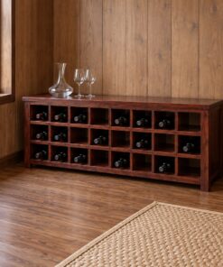 Kệ Rượu Vang KR40 - Thấp Dài Ba Hàng Chai Nằm Mặt Trên Đặt Ly, Gỗ Thông Màu Nâu Đỏ
