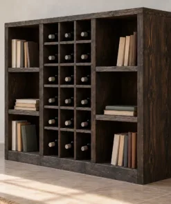 Kệ Rượu Vang KR51 - Liền Giá Sách Khoang Chai Ở Giữa, Gỗ Thông Màu Gỗ Cháy