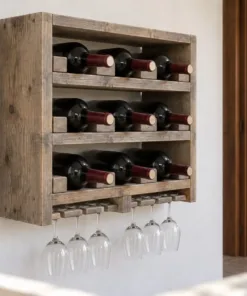 Kệ Rượu Vang KR53 - Treo Tường Ba Tầng Chai Nằm Thanh Treo Ly Dưới Đáy, Gỗ Thông Màu Vintage
